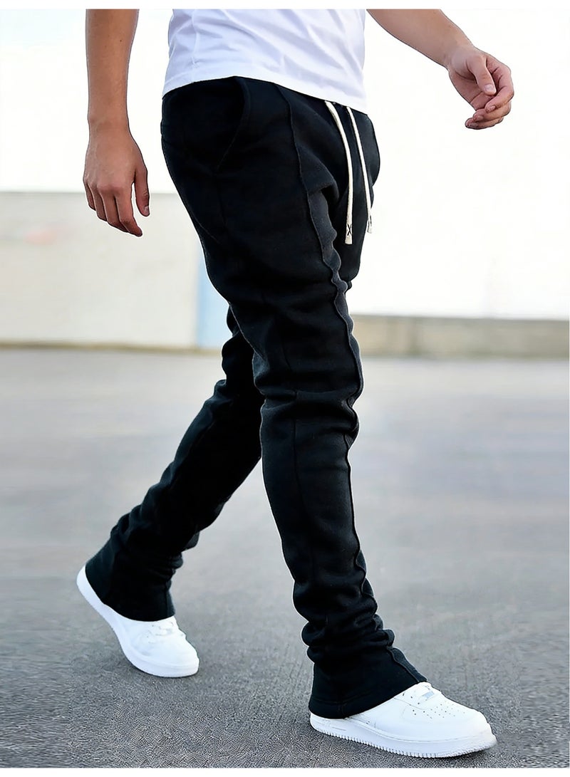 Men's Casual Pants Black Baggy Sweatpants with Front Seam Contrast Drawstring Oversized Streetwear Trousers - Image 3